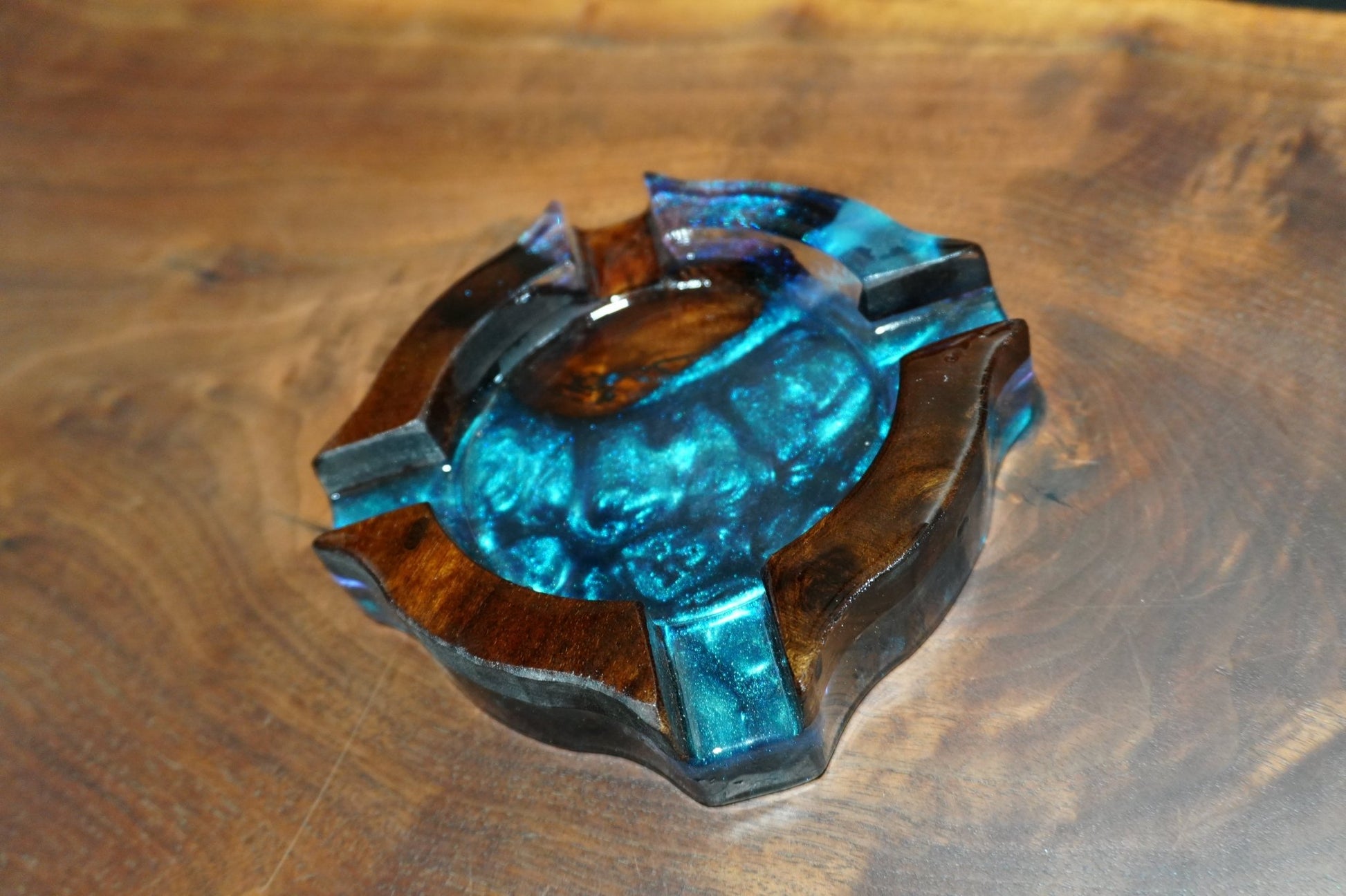 Handcrafted Wood & Chameleon Blue Epoxy Cigar Ashtray – Elegant, Durable, and One - of - a - Kind - 8" X 8" - Ol Loggin Sawmill