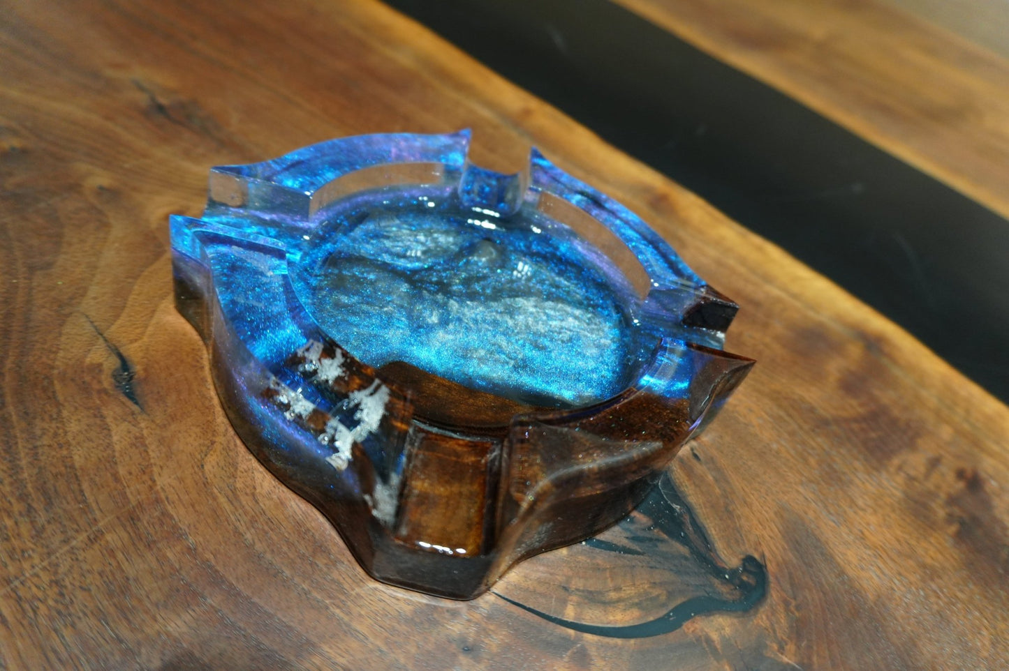 Handcrafted Wood & Chameleon Blue Epoxy Cigar Ashtray – Elegant, Durable, and One - of - a - Kind - 8" X 8" - Ol Loggin Sawmill