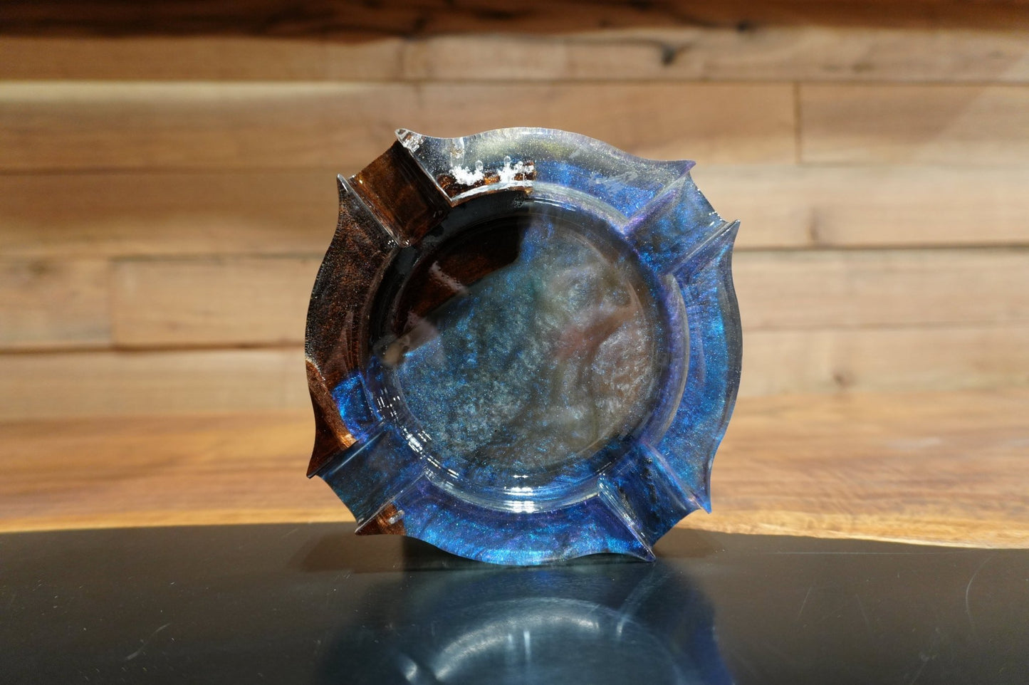 Handcrafted Wood & Chameleon Blue Epoxy Cigar Ashtray – Elegant, Durable, and One - of - a - Kind - 8" X 8" - Ol Loggin Sawmill