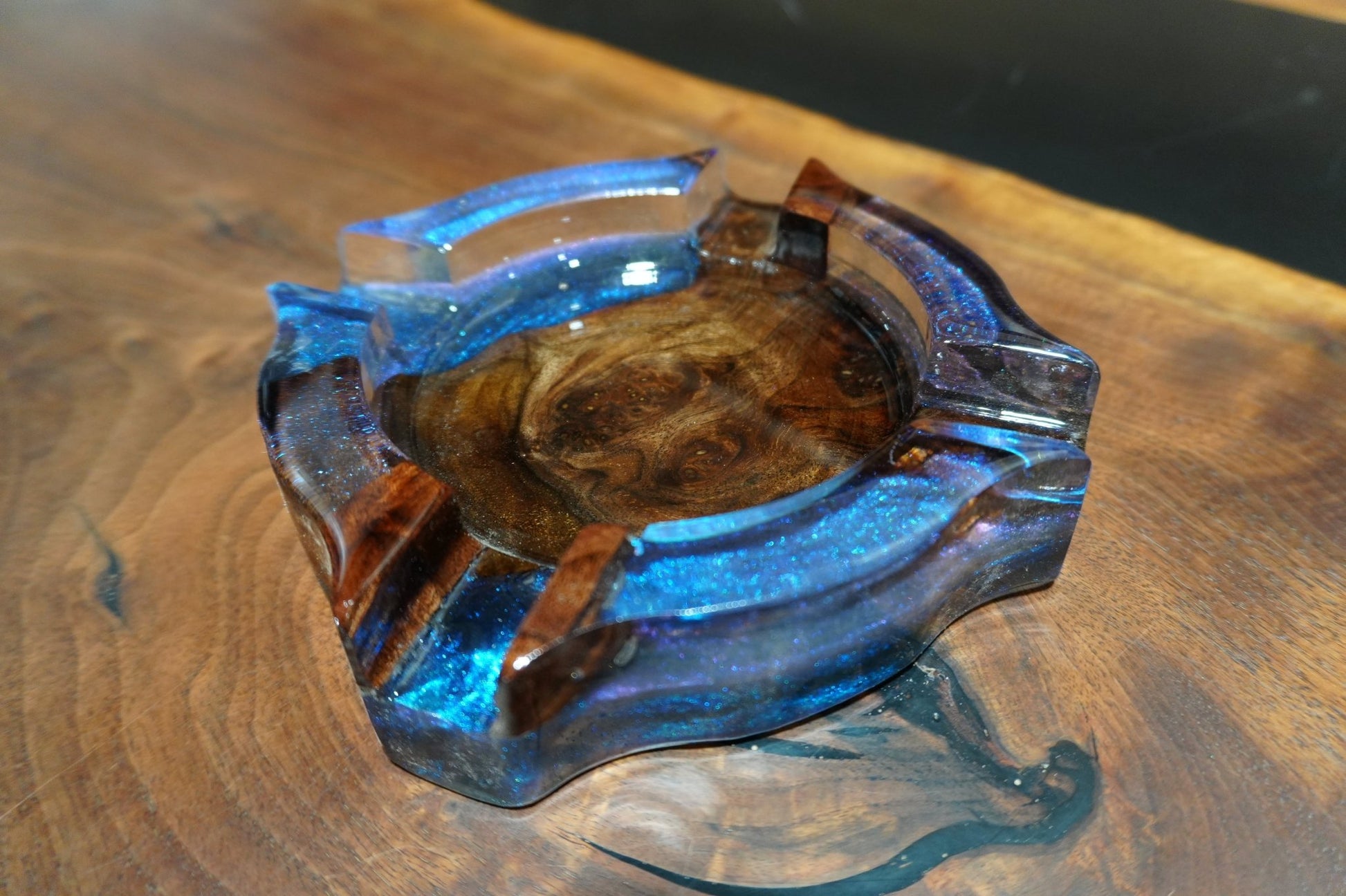 Handcrafted Wood & Chameleon Blue Epoxy Cigar Ashtray – Elegant, Durable, and One - of - a - Kind - 8" X 8" - Ol Loggin Sawmill