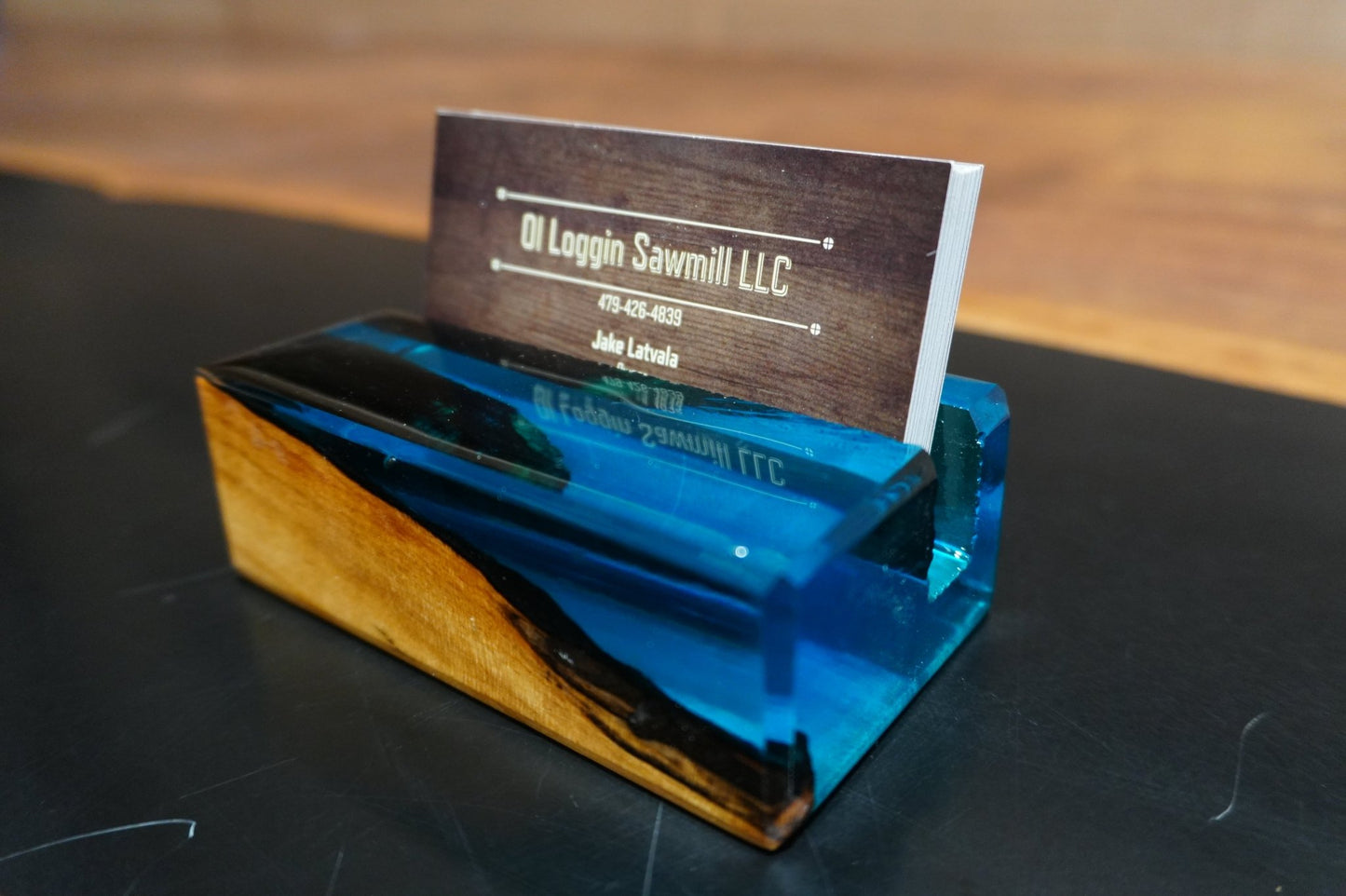 Maple & Blue Epoxy Business Card Holder - 2" x 4" - Ol Loggin Sawmill