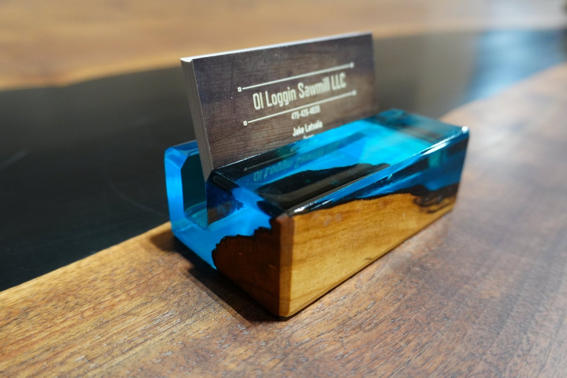 Maple & Blue Epoxy Business Card Holder - 2" x 4" - Ol Loggin Sawmill