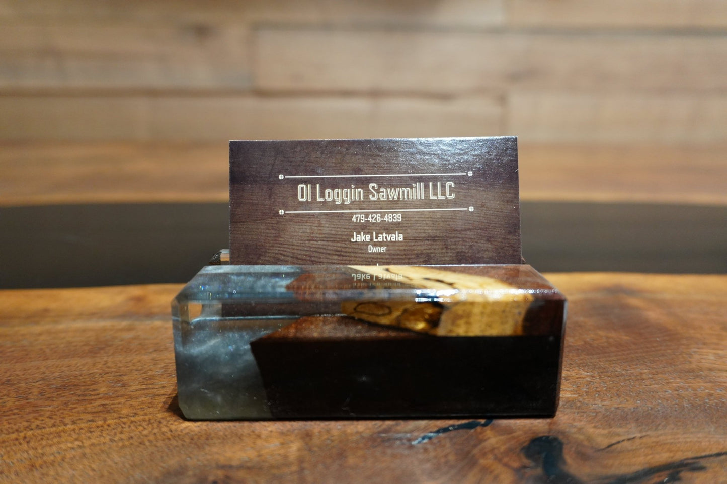 Walnut & Blue Epoxy Business Card Holder - 2" x 4" - Ol Loggin Sawmill