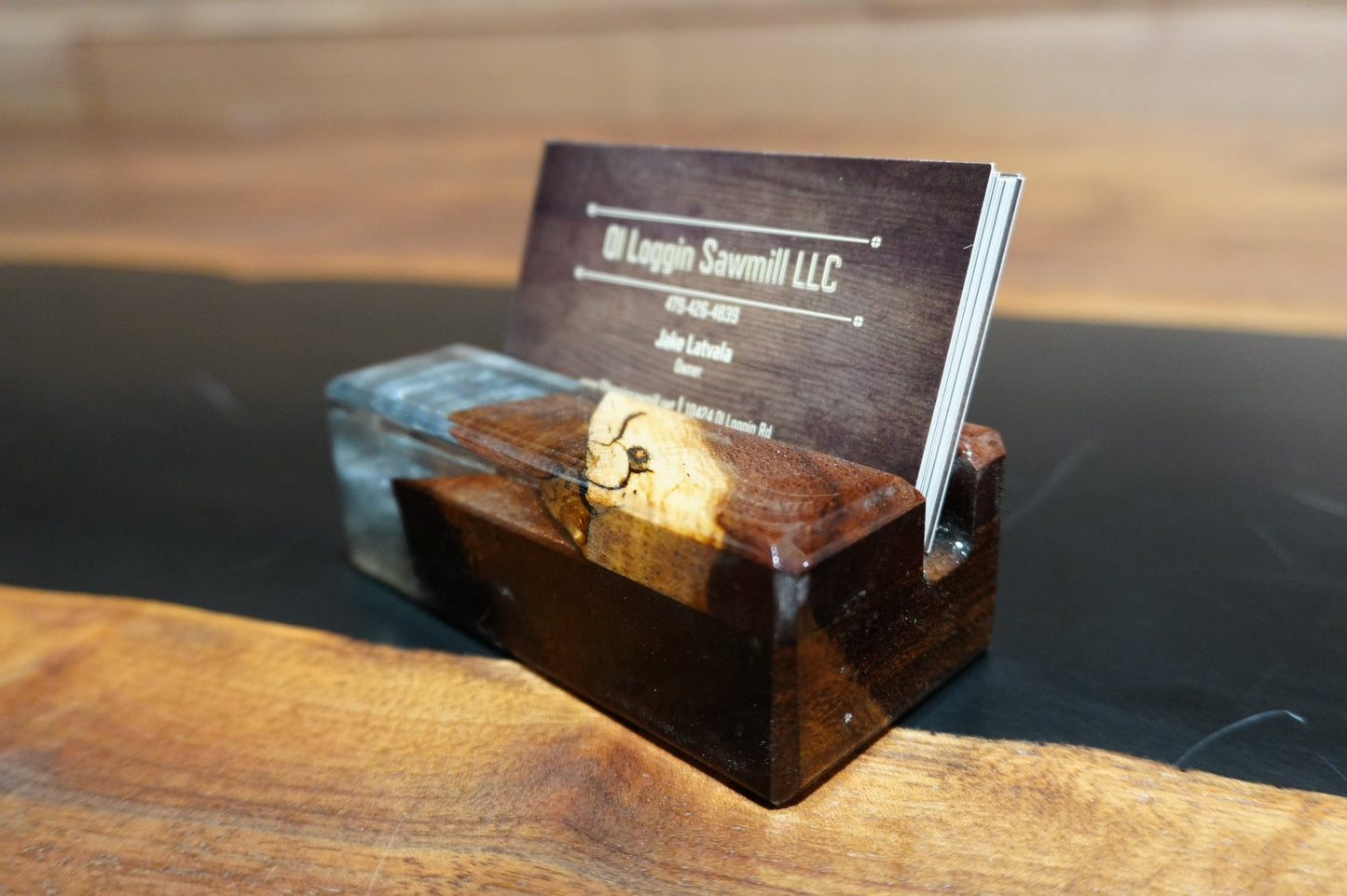 Walnut & Blue Epoxy Business Card Holder - 2" x 4" - Ol Loggin Sawmill