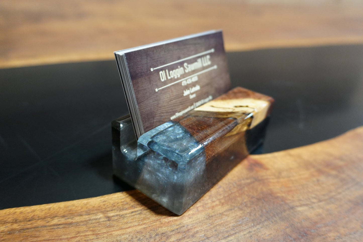 Walnut & Blue Epoxy Business Card Holder - 2" x 4" - Ol Loggin Sawmill