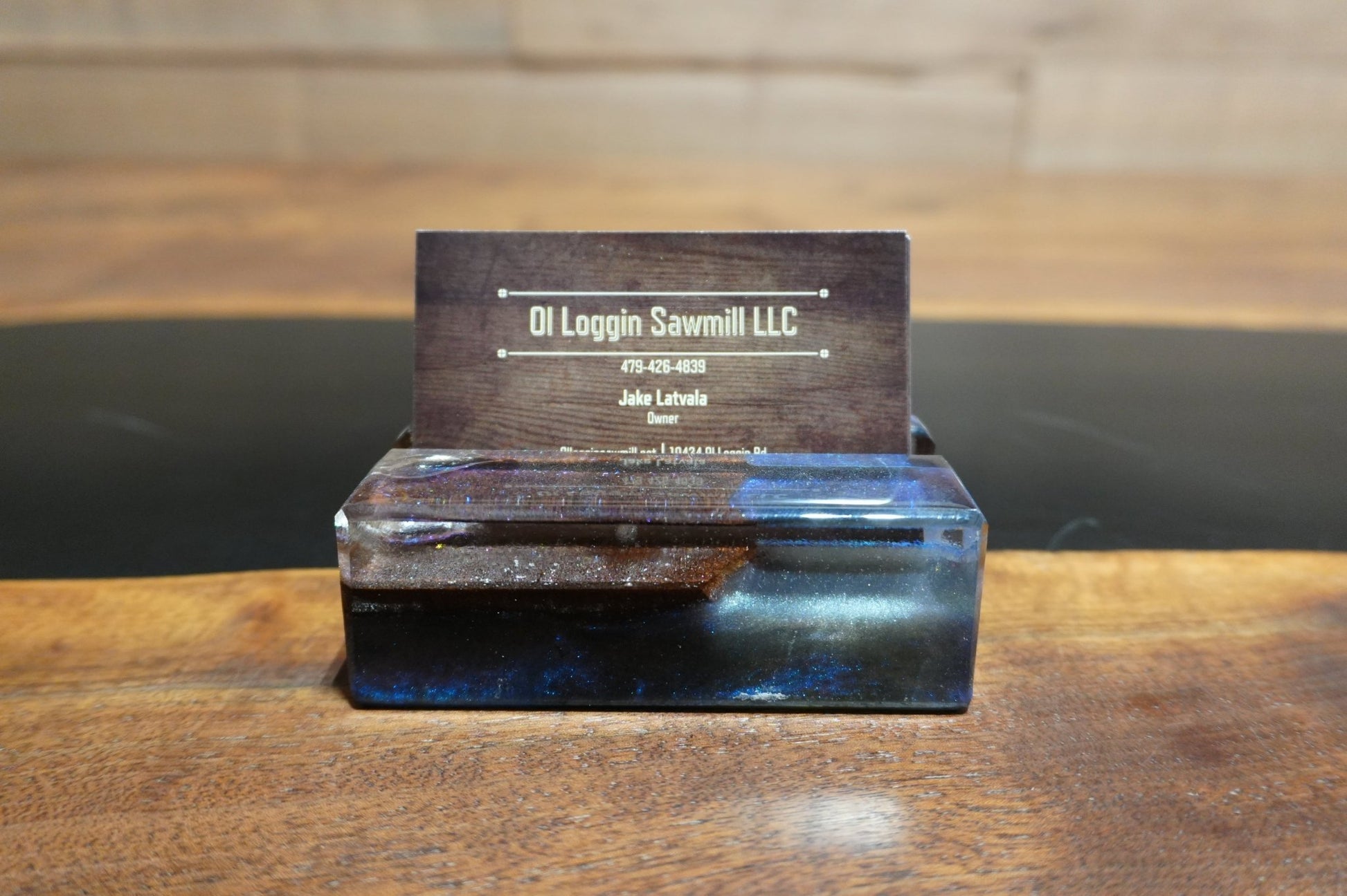 Walnut Business Card Holder with Chameleon Blue & Purple Epoxy - 2" x 4" - Ol Loggin Sawmill