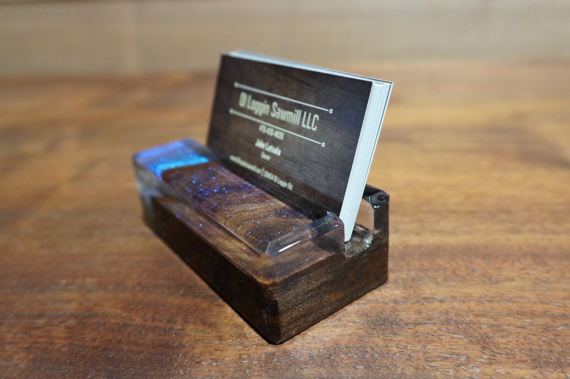 Walnut Business Card Holder with Chameleon Blue & Purple Epoxy - 2" x 4" - Ol Loggin Sawmill