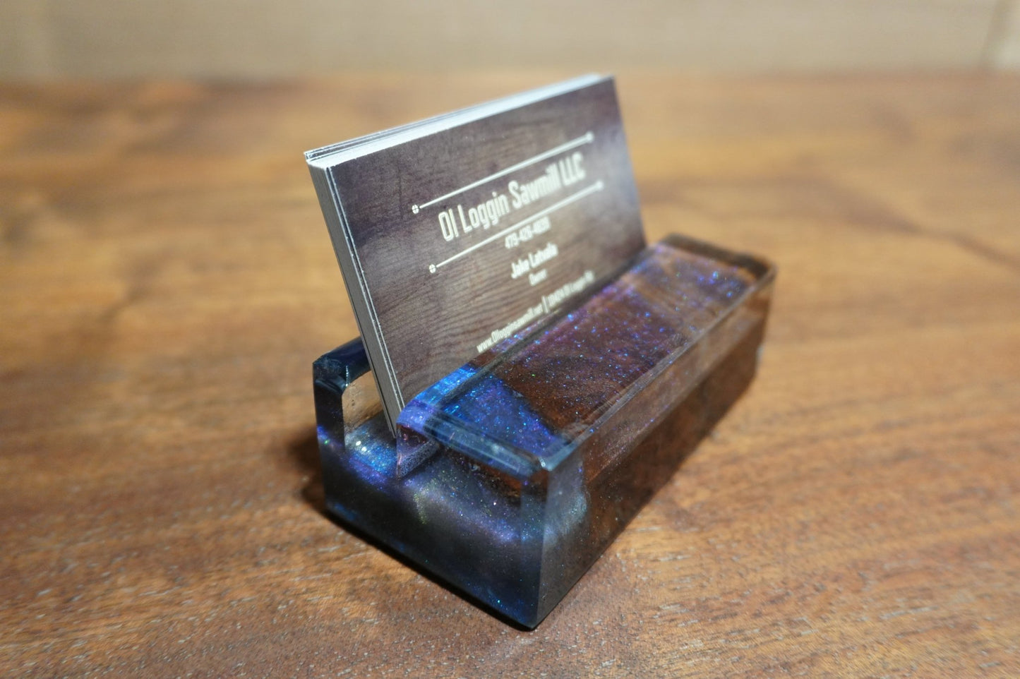 Walnut Business Card Holder with Chameleon Blue & Purple Epoxy - 2" x 4" - Ol Loggin Sawmill