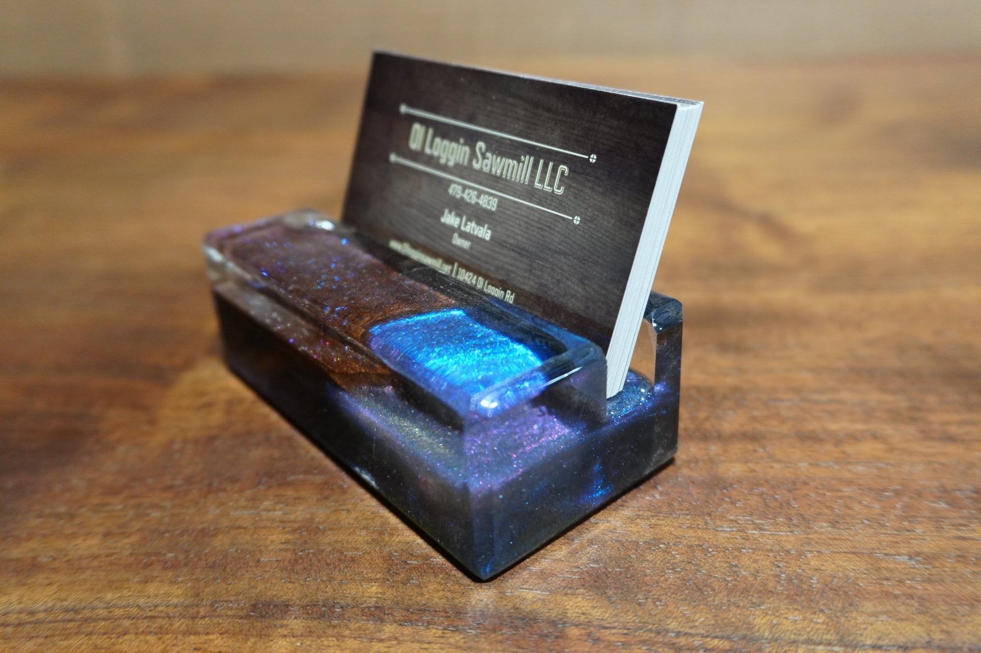 Walnut Business Card Holder with Chameleon Blue & Purple Epoxy - 2" x 4" - Ol Loggin Sawmill