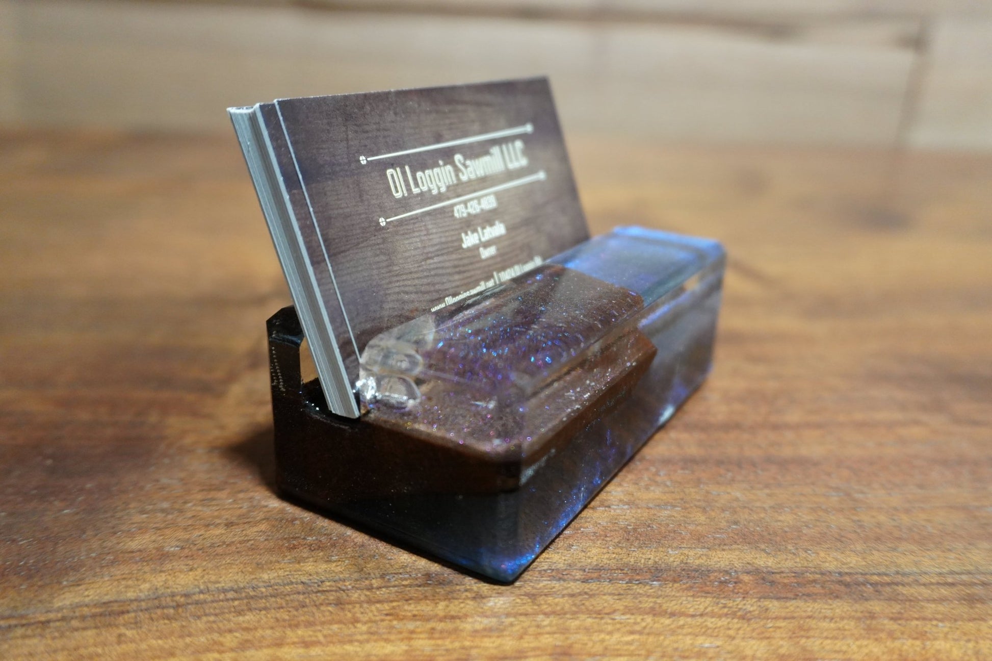 Walnut Business Card Holder with Chameleon Blue & Purple Epoxy - 2" x 4" - Ol Loggin Sawmill