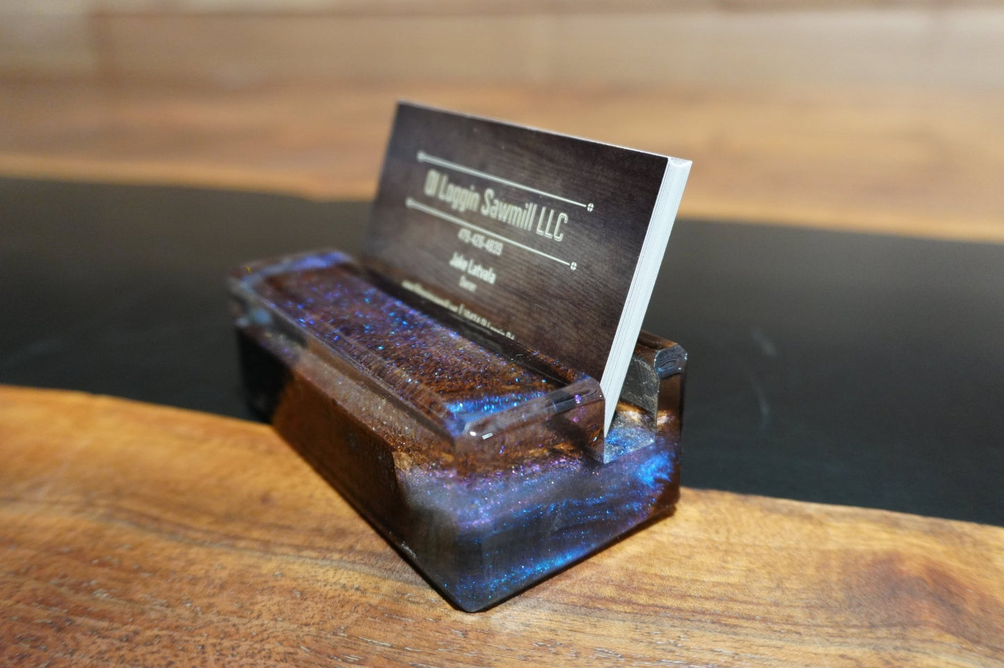 Walnut Business Card Holder with Chameleon Blue & Purple Epoxy - 2" x 4" - Ol Loggin Sawmill