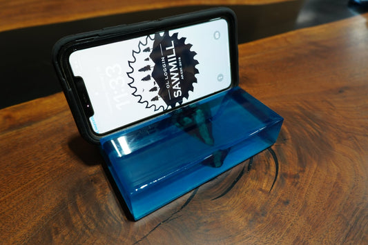 Wood and Blue Epoxy Phone Holder – 4"x6"x1.5" - Ol Loggin Sawmill