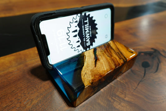 Wood and Blue Epoxy Phone Holder – 4"x6"x1.5" - Ol Loggin Sawmill