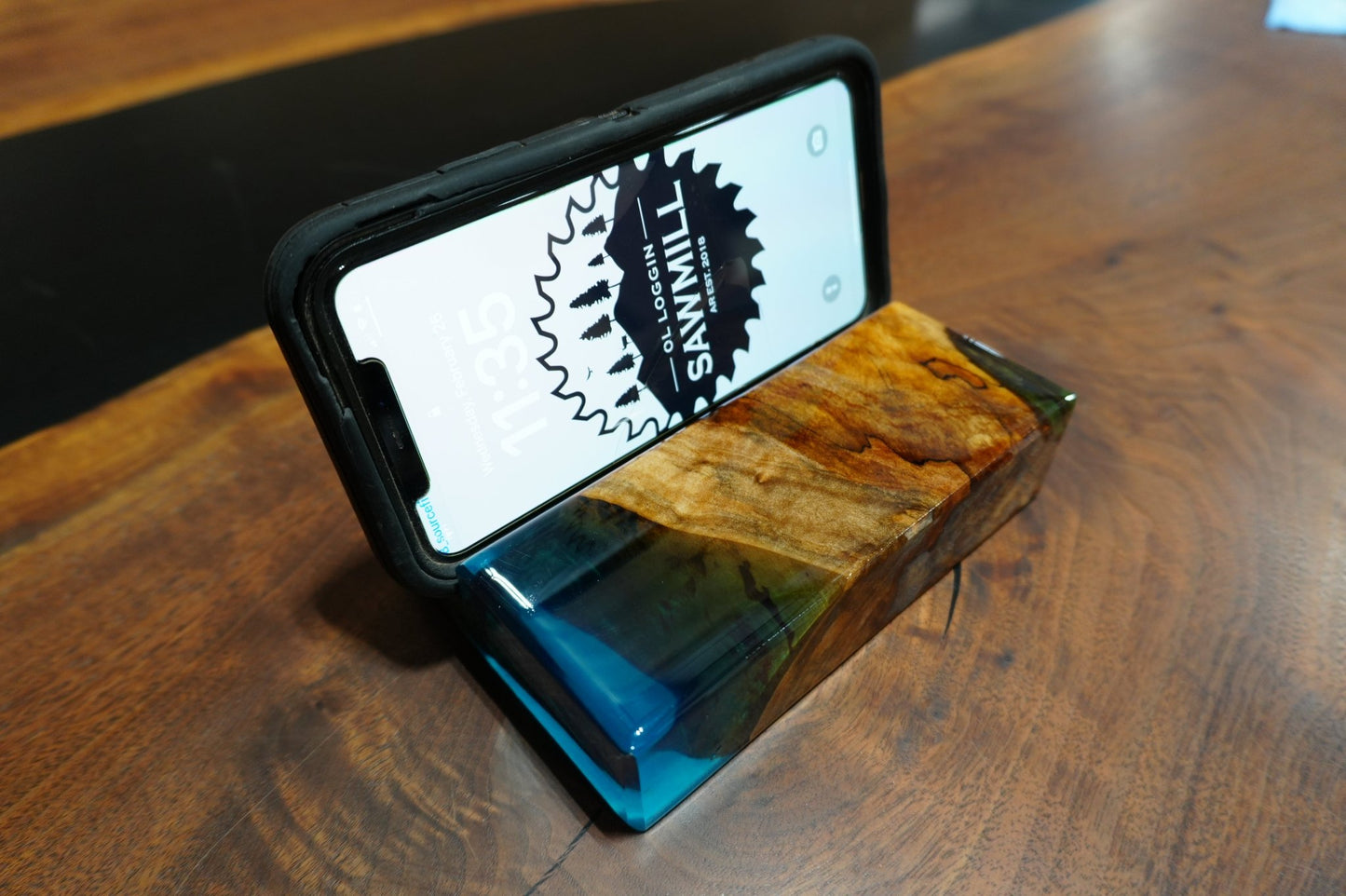 Wood and Blue & Green Epoxy Phone Holder – 4"x6"x1.5" - Ol Loggin Sawmill